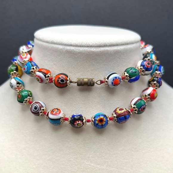 Estate Jewelry - Vintage Venetian Millefiori Glass Beaded Necklace Hand Knotted 24"